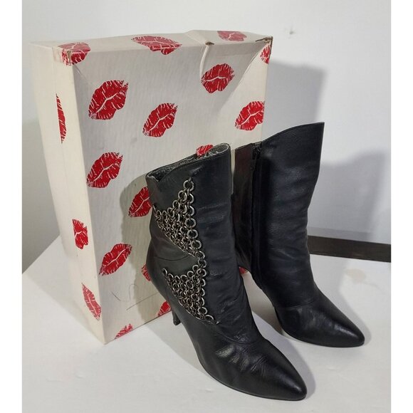 Two Lips Black Leather Boots With Chains Vintage 1980 Size 6 Roughrider - Picture 2 of 11